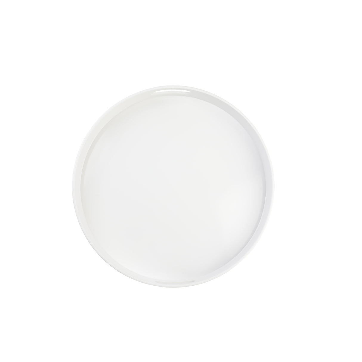 A plain, round white melamine plate viewed from above, centered on a white background. The plate has a smooth, glossy surface with no visible patterns or decorations and is dishwasher safe.