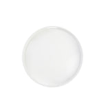 A plain, round white melamine plate viewed from above, centered on a white background. The plate has a smooth, glossy surface with no visible patterns or decorations and is dishwasher safe.