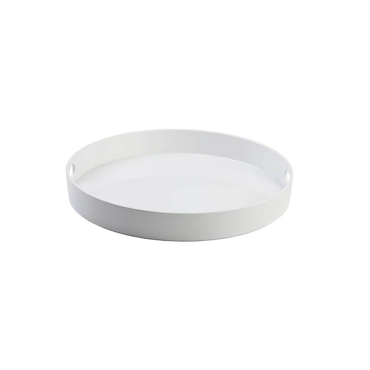 A round, white melamine serving tray with slightly raised edges is shown against a plain background. The tray features two small oval cut-out handles for easy carrying and its modern, dishwasher safe design is both minimalist and functional.