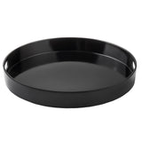 A round, black melamine serving tray with a glossy finish. It features slightly raised sides and two oval cut-out handles for easy carrying. The smooth, reflective inside surface is durable and dishwasher safe.