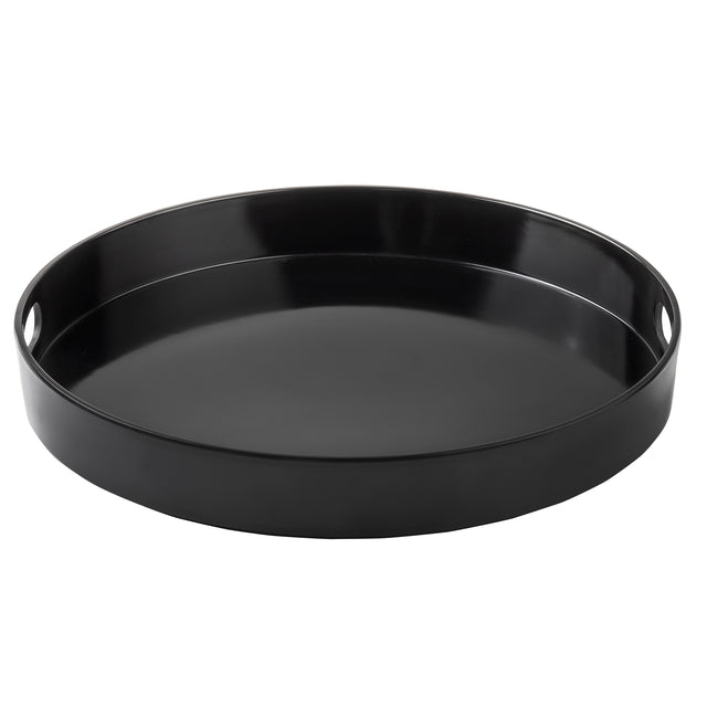 A round, black melamine serving tray with a glossy finish. It features slightly raised sides and two oval cut-out handles for easy carrying. The smooth, reflective inside surface is durable and dishwasher safe.