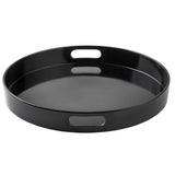 A round, black melamine serving tray with a glossy finish. The tray has tall sides, two oval cut-out handles for easy carrying, and a smooth, reflective surface. Dishwasher safe and empty against a plain white background.