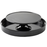 A glossy black melamine serving tray with raised edges and side handles, featuring a removable elevated platform on a short pedestal. This dishwasher safe tray creates two serving levels for versatile entertaining.