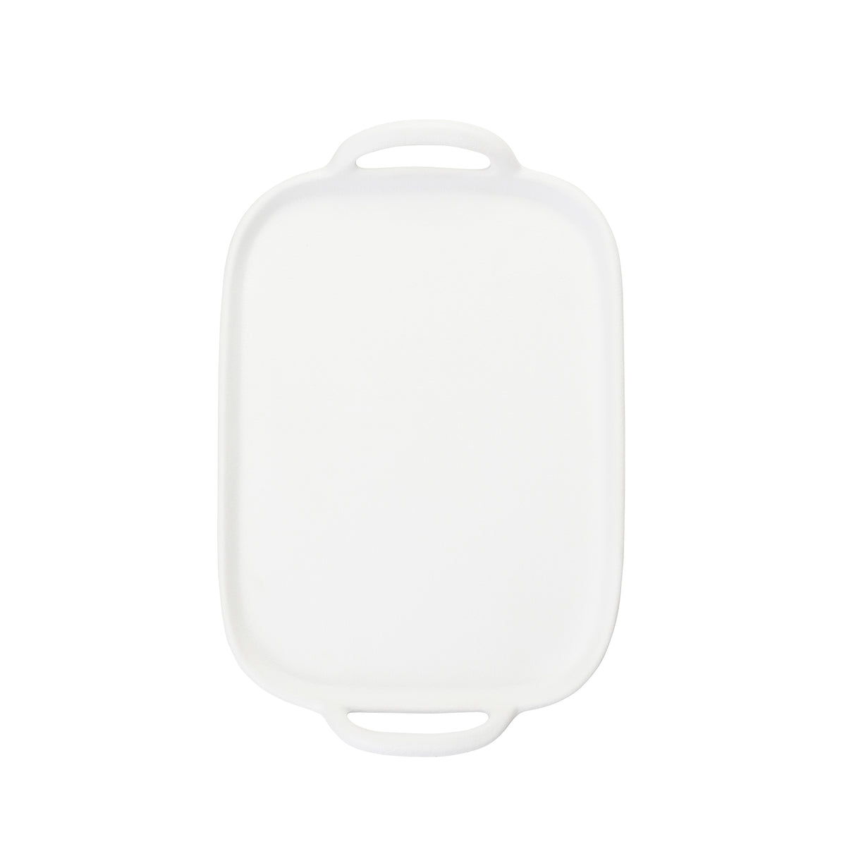 A rectangular white melamine cutting board with rounded corners and integrated handles on the shorter sides, shown on a plain white background. The surface is smooth, clean, unadorned, and ideal for use as a serving tray.