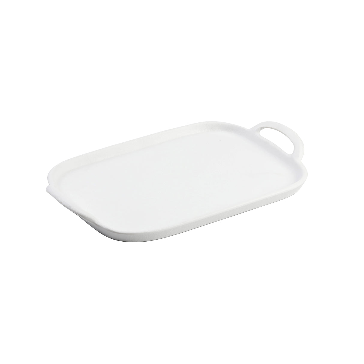 A rectangular white melamine serving tray with rounded edges, a slightly raised lip, and a single handle featuring an oval opening. The smooth, glossy surface sits on a plain white background.
