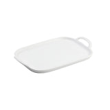 A rectangular white melamine serving tray with rounded edges, a slightly raised lip, and a single handle featuring an oval opening. The smooth, glossy surface sits on a plain white background.
