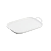 A rectangular white melamine serving tray with rounded edges, a slightly raised lip, and a single handle featuring an oval opening. The smooth, glossy surface sits on a plain white background.