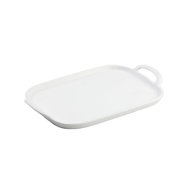 A rectangular white melamine serving tray with rounded edges, a slightly raised lip, and a single handle featuring an oval opening. The smooth, glossy surface sits on a plain white background.