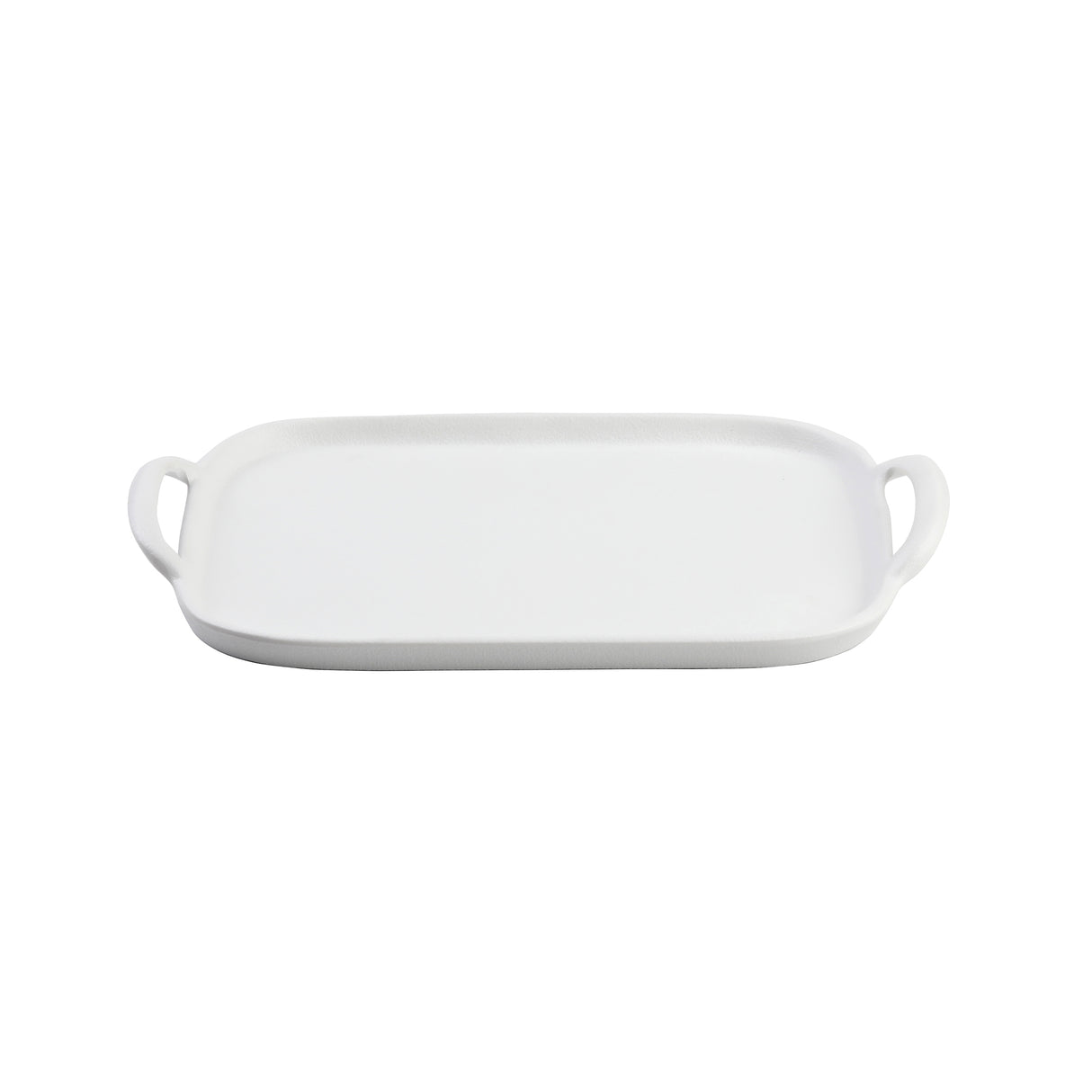 A rectangular white melamine serving tray with slightly raised edges and two rounded handles on each side. The tray is empty and set against a plain white background.