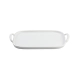 A rectangular white melamine serving tray with slightly raised edges and two rounded handles on each side. The tray is empty and set against a plain white background.