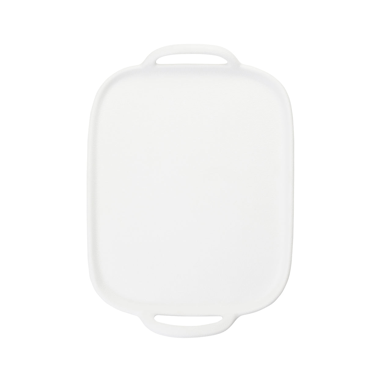 A rectangular white melamine cutting board with rounded corners and two oval cut-out handles on opposite ends, shown from above on a white background—perfect for use as a serving tray.