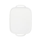 A rectangular white melamine cutting board with rounded corners and two oval cut-out handles on opposite ends, shown from above on a white background—perfect for use as a serving tray.