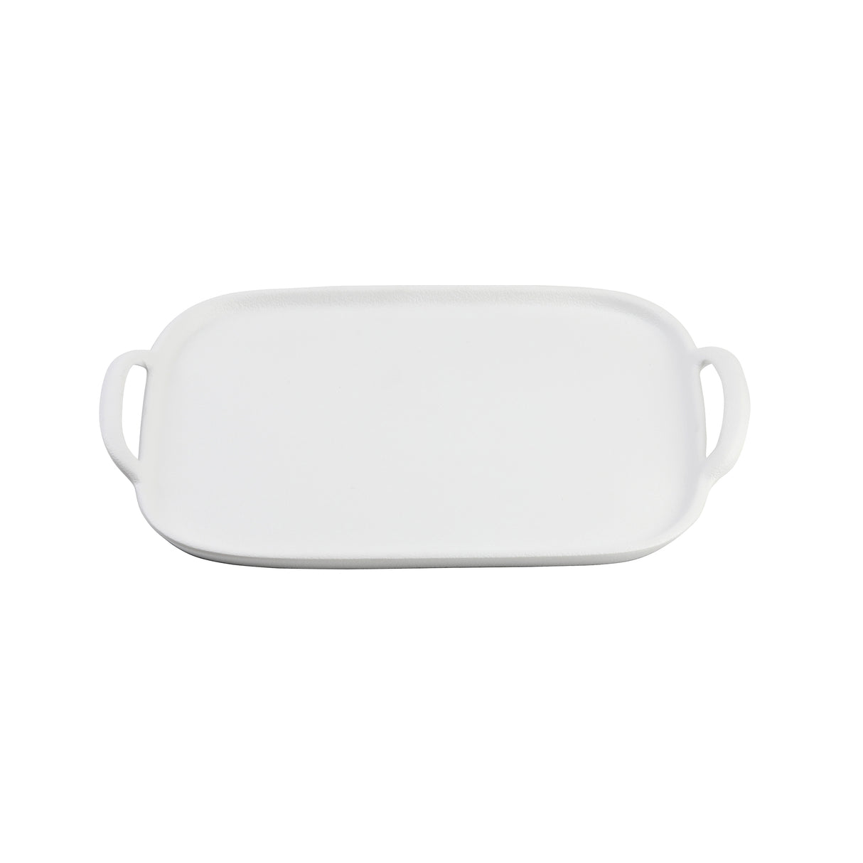 A rectangular white melamine serving tray with rounded corners and two handles, one on each short side. The tray features a smooth, plain surface and is set against a white background.