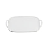 A rectangular white melamine serving tray with rounded corners and two handles, one on each short side. The tray features a smooth, plain surface and is set against a white background.
