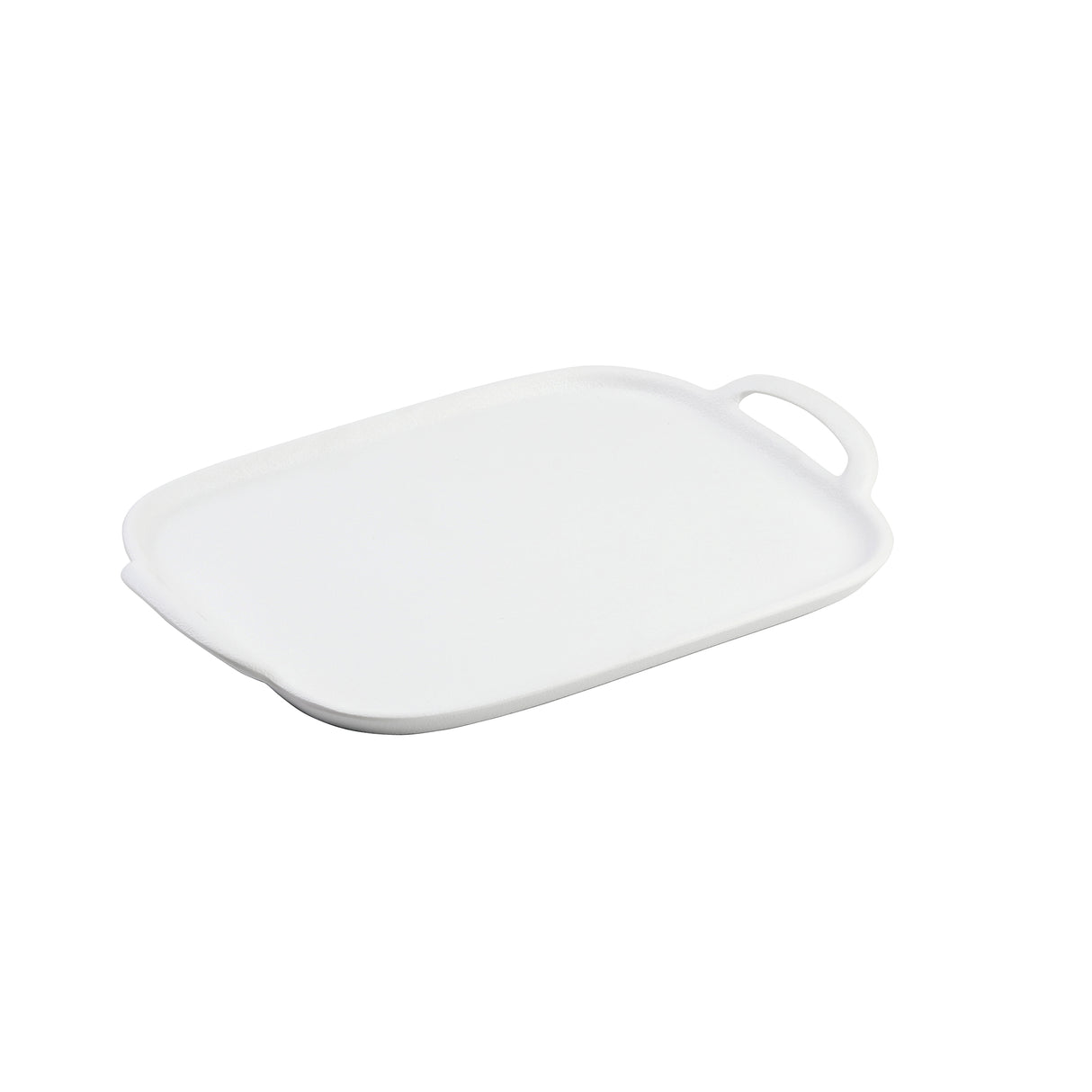 A rectangular white melamine serving tray with rounded corners and a slightly raised edge, featuring one built-in handle on the right side. The tray is empty and set against a plain white background.