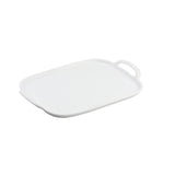 A rectangular white melamine serving tray with rounded corners and a slightly raised edge, featuring one built-in handle on the right side. The tray is empty and set against a plain white background.