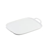 A rectangular white melamine serving tray with rounded corners and a slightly raised edge, featuring one built-in handle on the right side. The tray is empty and set against a plain white background.