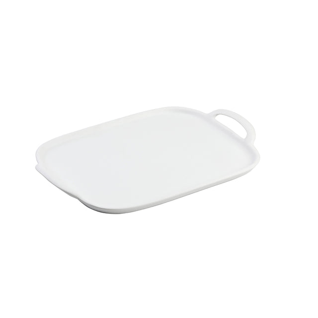 A rectangular white melamine serving tray with rounded corners and a slightly raised edge, featuring one built-in handle on the right side. The tray is empty and set against a plain white background.