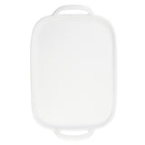 A large, rectangular white plastic cutting board with rounded edges and two oval handles on opposite ends. Made from durable melamine, its smooth surface is unmarked and set against a plain white background.