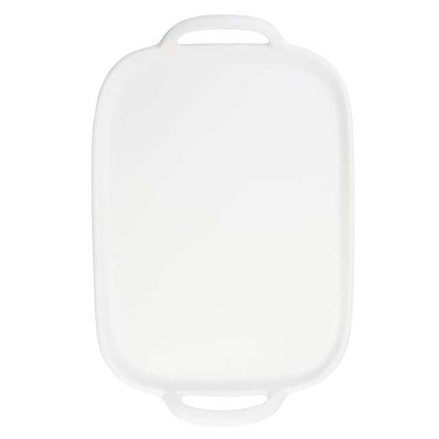 A large, rectangular white plastic cutting board with rounded edges and two oval handles on opposite ends. Made from durable melamine, its smooth surface is unmarked and set against a plain white background.