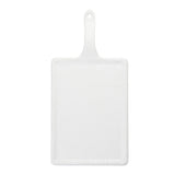 A rectangular white plastic cutting board from the Frostone Collection with a handle featuring a hole for hanging. The smooth, slightly rounded edges and clean surface resemble a melamine platter. Photo taken from above on a plain white background.