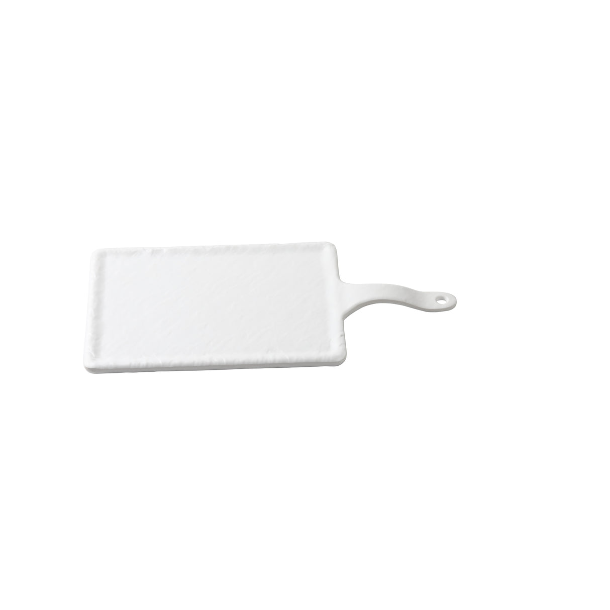 A rectangular white serving paddle from the Frostone Collection, featuring a handle with a small hole. This melamine platter has slightly raised edges and a smooth surface, set against a plain white background.