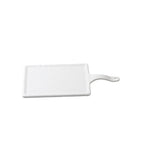 A rectangular white serving paddle from the Frostone Collection, featuring a handle with a small hole. This melamine platter has slightly raised edges and a smooth surface, set against a plain white background.