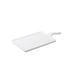 Rectangular white ceramic serving paddle with a textured surface, rounded edges, and a handle featuring a small hole for hanging. The board is photographed on a white background with a slight shadow beneath it.