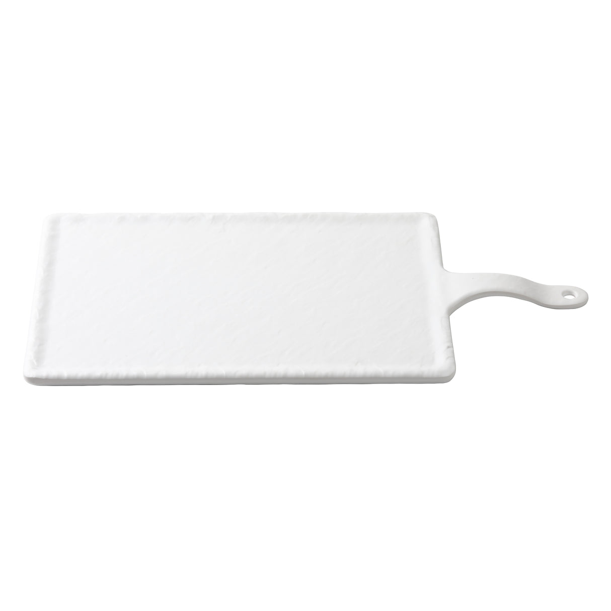 A white rectangular cutting board from the Frostone Collection Serving Paddle, featuring a handle with a small hole. Made from durable melamine, it has a textured surface, raised edge, and is dishwasher safe for easy cleaning.