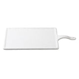 A white rectangular cutting board from the Frostone Collection Serving Paddle, featuring a handle with a small hole. Made from durable melamine, it has a textured surface, raised edge, and is dishwasher safe for easy cleaning.