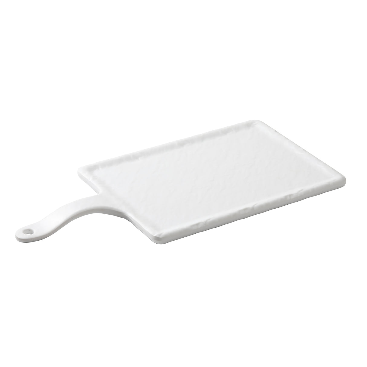 A rectangular white cutting board from the Frostone Collection Serving Paddle range, featuring a textured surface and a handle with a hanging hole. Crafted from dishwasher safe melamine, it’s placed on a plain white background.