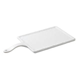 A rectangular white cutting board from the Frostone Collection Serving Paddle range, featuring a textured surface and a handle with a hanging hole. Crafted from dishwasher safe melamine, it’s placed on a plain white background.
