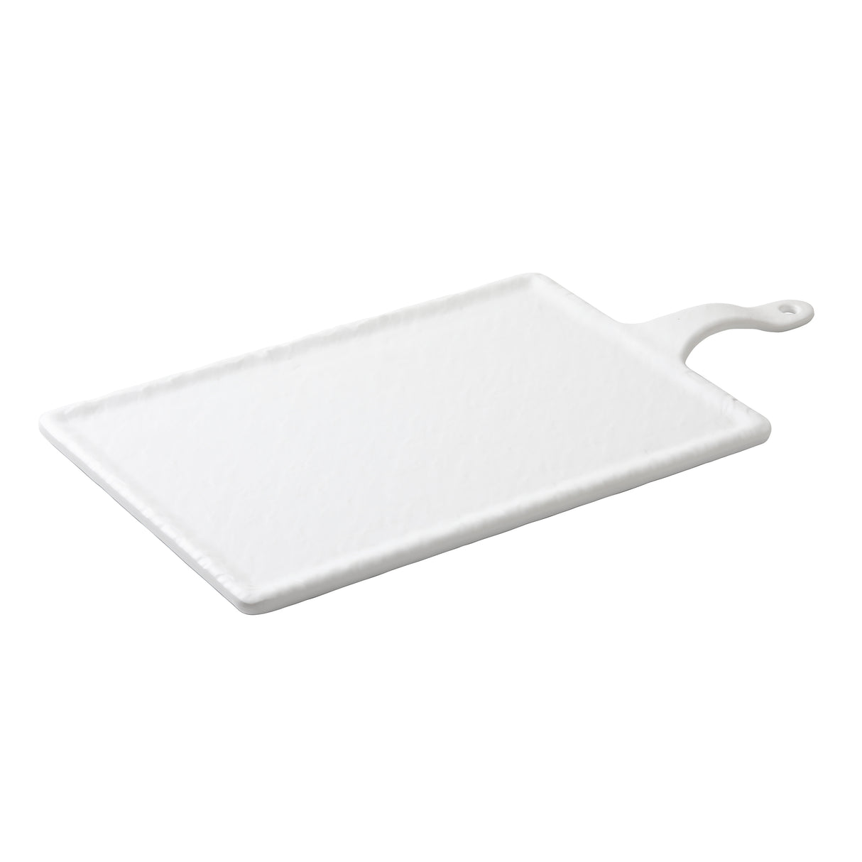 A rectangular white cutting board from the Frostone Collection Serving Paddle line, featuring a textured surface and a handle with a hanging hole. This plain board against a white background is also dishwasher safe for easy cleaning.