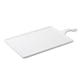 A rectangular white cutting board from the Frostone Collection Serving Paddle line, featuring a textured surface and a handle with a hanging hole. This plain board against a white background is also dishwasher safe for easy cleaning.