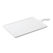 A rectangular white cutting board from the Frostone Collection Serving Paddle line, featuring a textured surface and a handle with a hanging hole. This plain board against a white background is also dishwasher safe for easy cleaning.