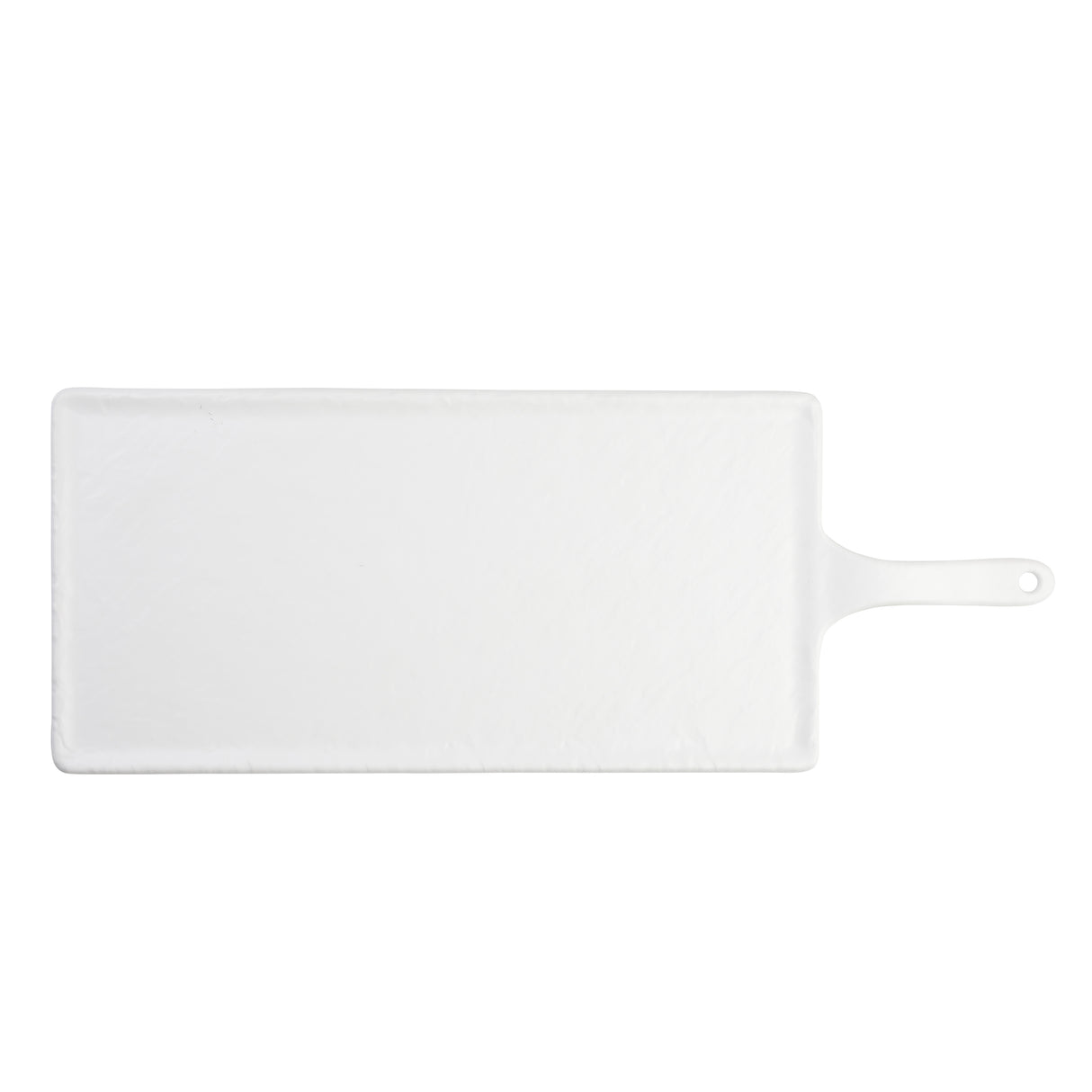 A rectangular white serving paddle with a handle on the right side, featuring a small hole for hanging. The surface is clean and slightly textured, set against a plain white background. This melamine platter is both stylish and dishwasher safe.