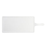 A rectangular white serving paddle with a handle on the right side, featuring a small hole for hanging. The surface is clean and slightly textured, set against a plain white background. This melamine platter is both stylish and dishwasher safe.