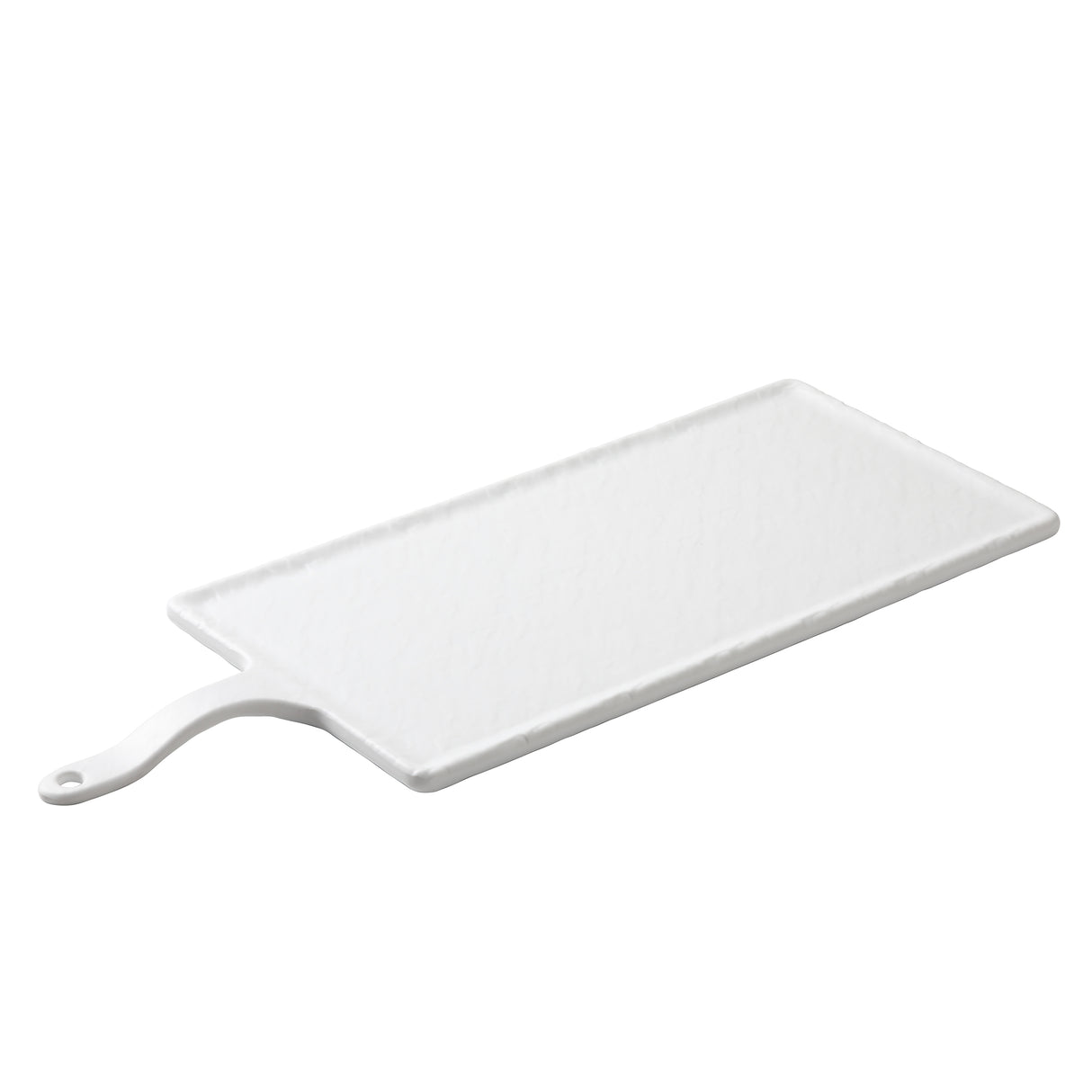 A rectangular white Frostone Collection Serving Paddle with a textured surface and a handle featuring a hole for hanging. This dishwasher safe platter is empty and photographed on a plain white background.