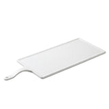 A rectangular white Frostone Collection Serving Paddle with a textured surface and a handle featuring a hole for hanging. This dishwasher safe platter is empty and photographed on a plain white background.