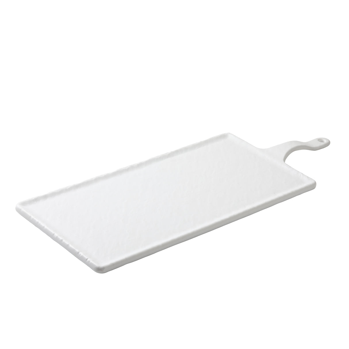 A rectangular white ceramic serving platter from the Frostone Collection Serving Paddle line, with a slightly raised edge, integrated handle, and small hanging hole. Its subtly textured surface is photographed on a white background.