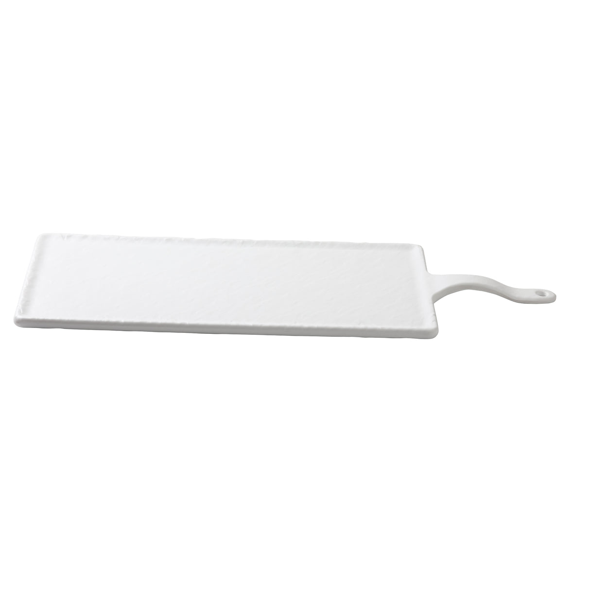 A rectangular white cutting board from the Frostone Collection Serving Paddle, with a textured surface and handle featuring a hole for hanging. Simple, flat, and slightly raised edges; photographed on a white background.