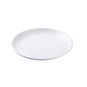 A plain white, round TableCraft Pulito Collection Plate with subtle concentric ridges near the rim, shown on a white background. The plate appears clean and empty, featuring a simple and minimalist design.