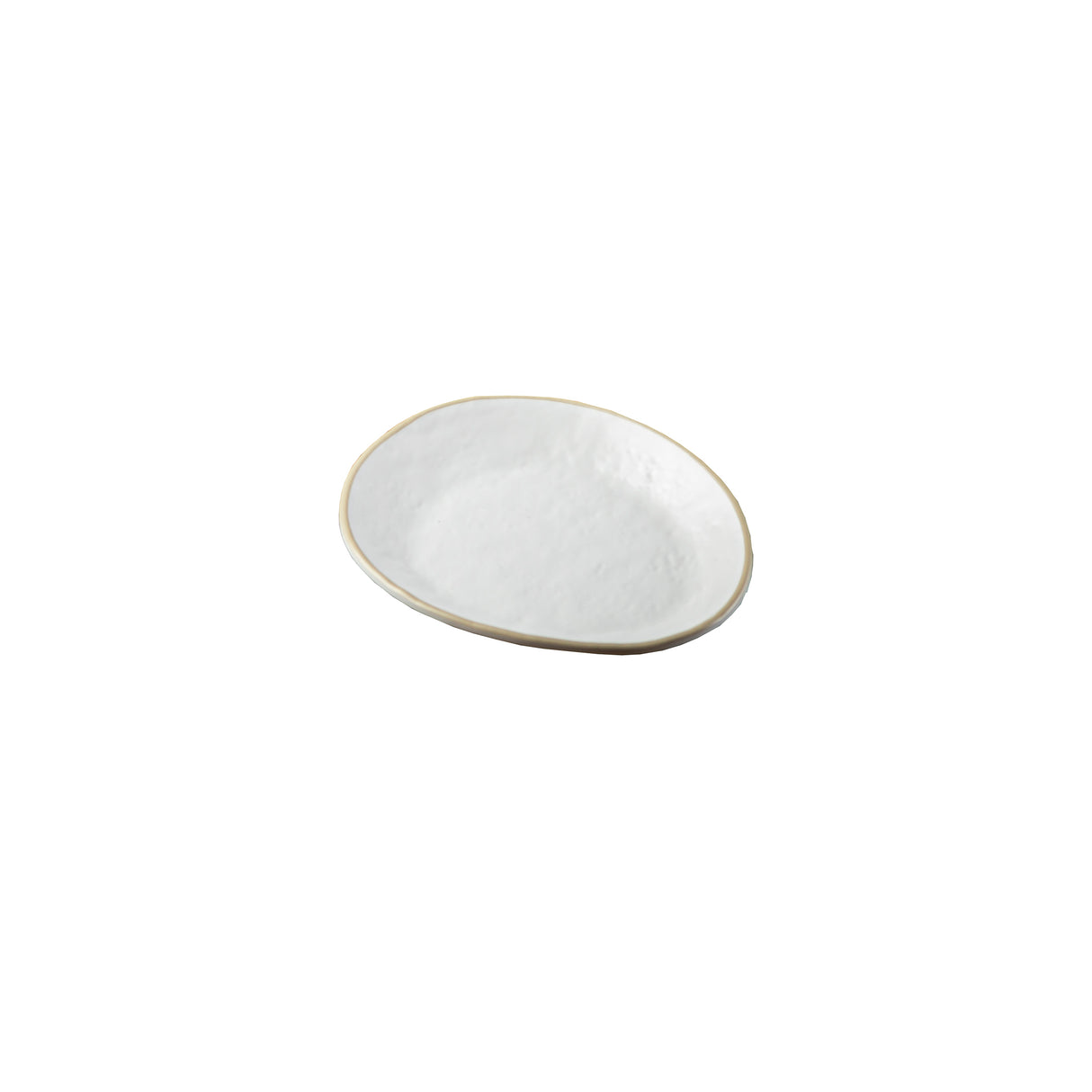 A small, oval-shaped white melamine serving plate with a slightly uneven surface and a thin, light beige rim, placed on a plain white background. The plate appears minimalist and handmade.