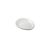 A small, oval-shaped white melamine serving plate with a slightly uneven surface and a thin, light beige rim, placed on a plain white background. The plate appears minimalist and handmade.