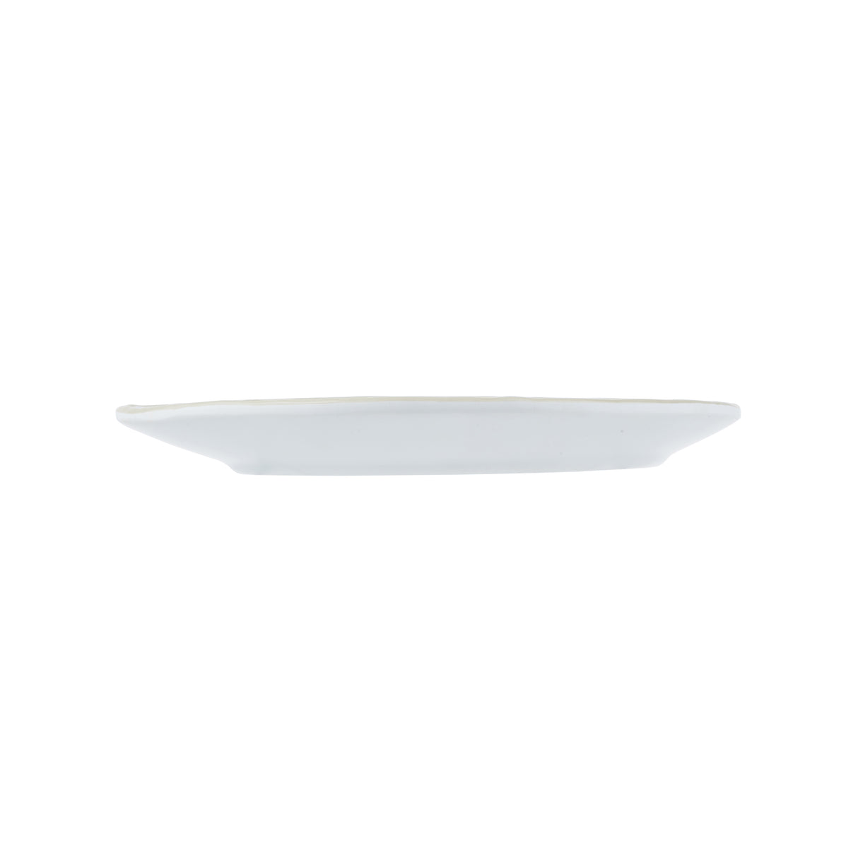 A plain, white, round TableCraft Europa Collection Serving Plate is shown from the side against a white background. The plate is very shallow, with a slightly raised rim, and no visible patterns or decorations.