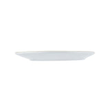 A plain, white, round TableCraft Europa Collection Serving Plate is shown from the side against a white background. The plate is very shallow, with a slightly raised rim, and no visible patterns or decorations.