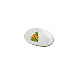 A white Europa Collection Serving Plate with a small portion of gourmet food: shrimp atop green mashed avocado, garnished with herbs and microgreens, arranged neatly to one side. The elegant TableCraft melamine serving plate sits on a plain white background.