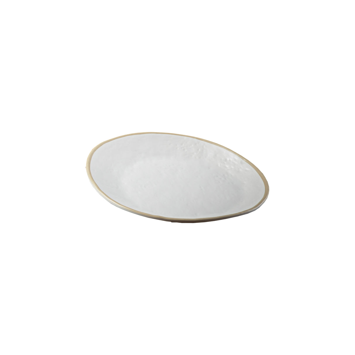 A simple, oval-shaped white melamine serving plate with a slightly uneven, textured surface and a light beige rim, displayed on a plain white background.