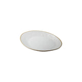 A simple, oval-shaped white melamine serving plate with a slightly uneven, textured surface and a light beige rim, displayed on a plain white background.