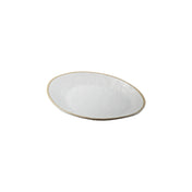 A simple, oval-shaped white melamine serving plate with a slightly uneven, textured surface and a light beige rim, displayed on a plain white background.